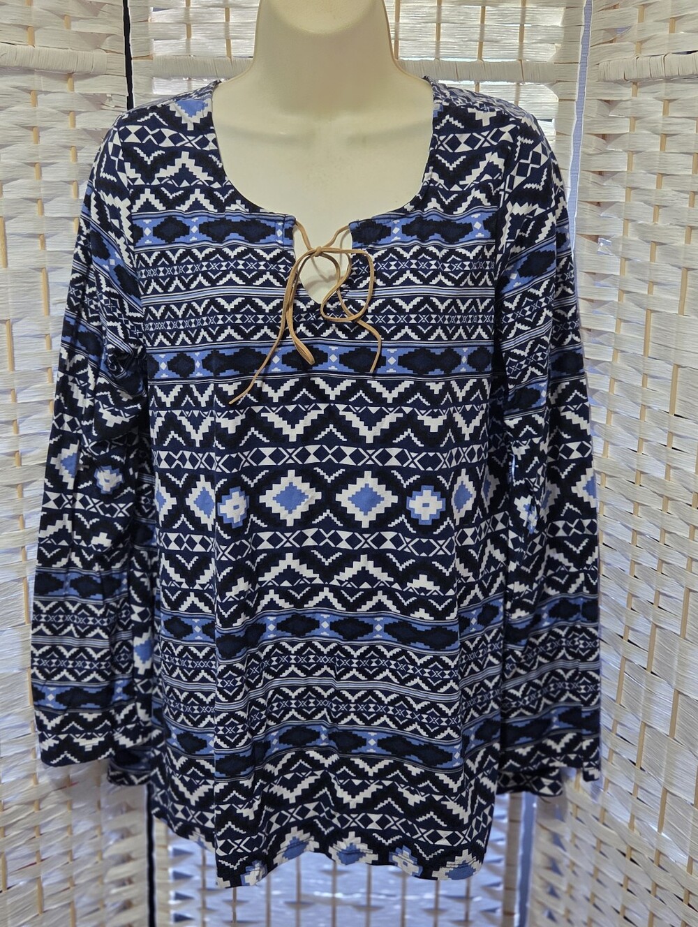 B& B Boutique Blue Geometric Lace-Up Tunic Top